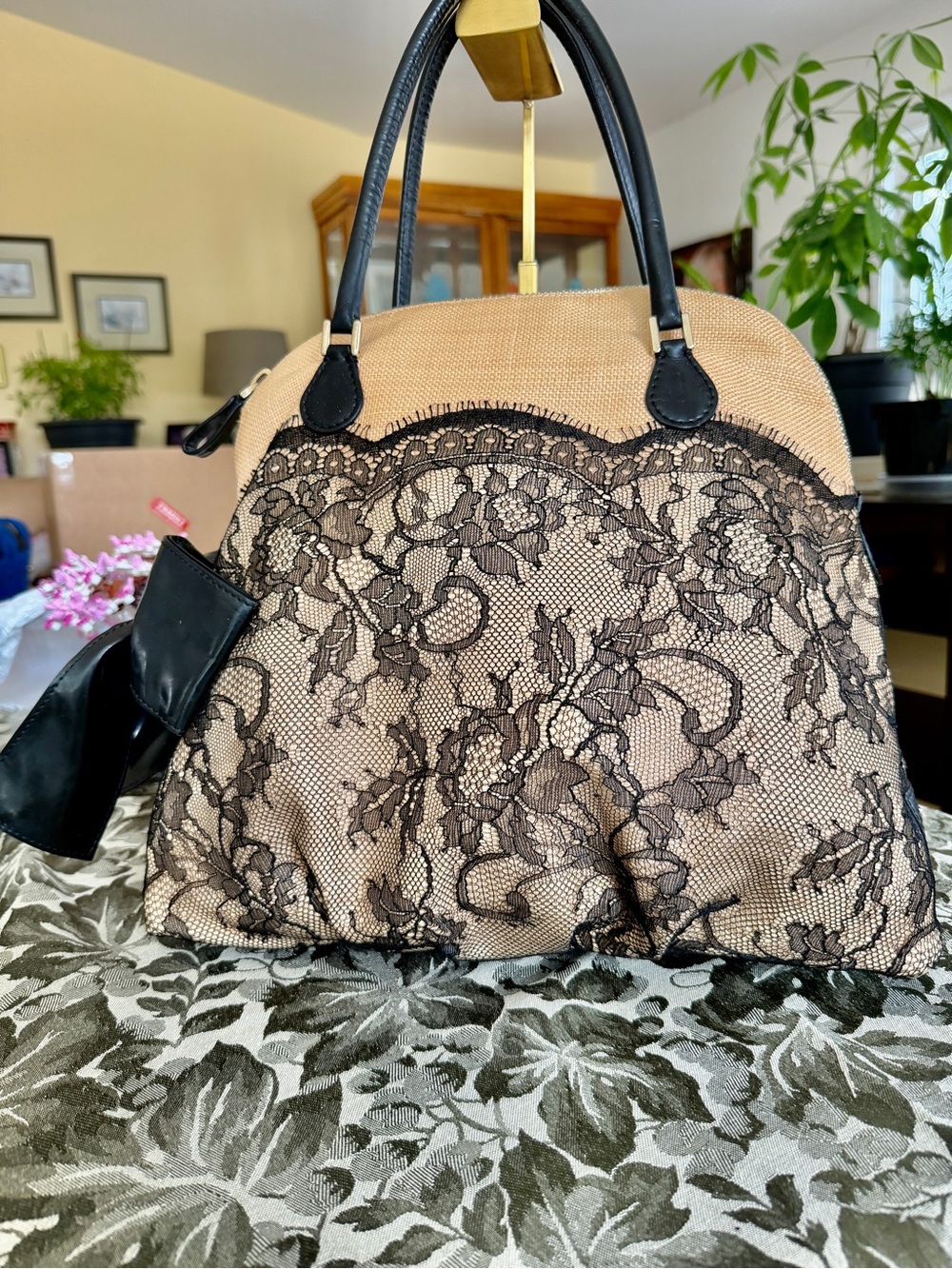 Valentino Garavani Lace-Trimmed Raffia Bow Dome Bag EUC